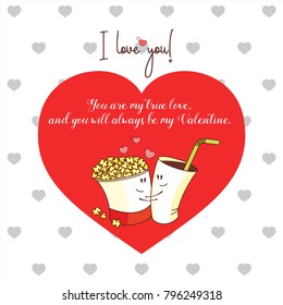Vector greeting card with hearts. Happy Valentine's day. Popcorn and Cola.