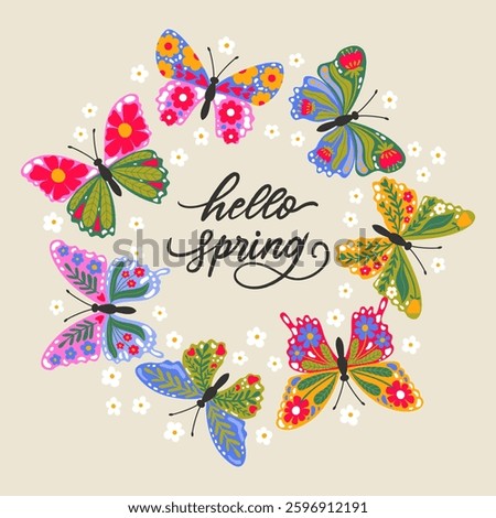 Vector greeting card Hello Spring with colored butterflies in flat style. Spring banner
