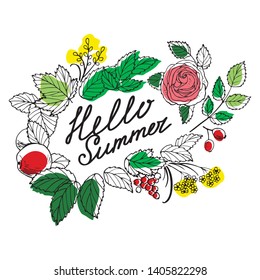 vector greeting card hello summer with flowers and fruits