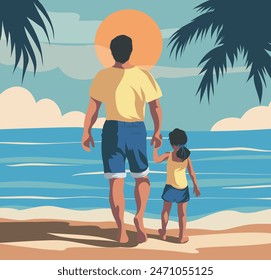 Vector greeting card Hello summer. A father holds his little daughter's hand. Father and daughter on vacation on the beach in summer. Father's Day templates for poster, cover, banner, social media