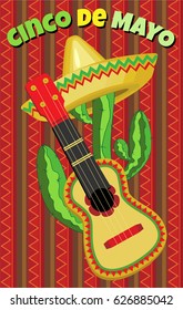 Vector greeting card for the holiday of Cinco de Mayo.Sombrero on the cactus and guitar on the background of the national ornament.