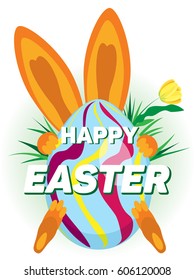 Vector greeting card for the holiday of Easter. Orange rabbit hides behind the egg peep out only ears and paws