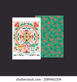 Vector greeting card with holiday houses, flowers, angels. Scandinavian style illustration and pattern