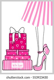 Vector greeting card for holidays design. Fashion illustration with cute girl in high heels, gift boxes and presents. Best design for Valentines day, Happy Birthday. Stylish poster
