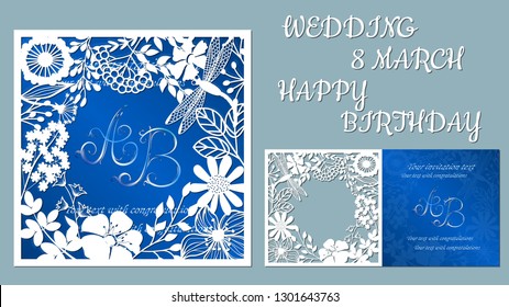 Vector greeting card for holidays. With the image of wildflowers and dragonflies. Inscriptions-wedding, March 8, happy birthday. Template for laser cutting, plotter cutting, silk screen printing.