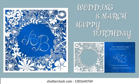 Vector greeting card for holidays. With the image of wildflowers and dragonflies. Inscriptions-wedding, March 8, happy birthday. Template for laser cutting, plotter cutting, silk screen printing.