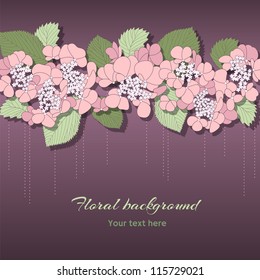 Vector greeting card with horizontal ornament of pink flowers on the dark background