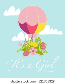 Vector greeting card with hot air balloon. Baby shower card.