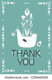 Vector greeting card. Illustration of bird, growing flowers and lettering Thank You.