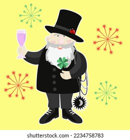 Vector - greeting card illustration, chimney sweeper. lady bug and a glass of wine.