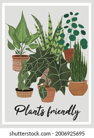 Vector greeting card with illustration of different houseplant in terrracotta pots. Varieties of green plants in ceramic pots with textured leaves. Flat illustration isolated on white background.