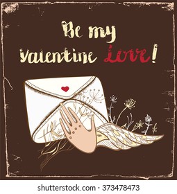 Vector greeting card. Vector illustration of hand holding envelope. Letter in hand. Love confession. Pigeon mail. 