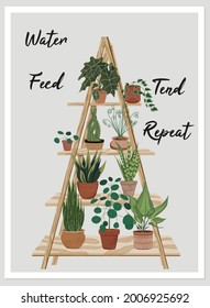 Vector greeting card with illustration of houseplant on wooden stand. Varieties of green plants in ceramic pots with textured leaves. Flat illustration isolated on white background.