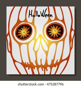 Vector greeting card with the image of the face of the pumpkin. Inscription Halloween. Holiday in October. It can be used for packaging, invitations, greeting cards, etc.