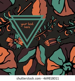Vector greeting card with the image of flowers and leaves of plants. There is a triangular space for your text. It can be used for packaging, invitations, greeting cards, etc.