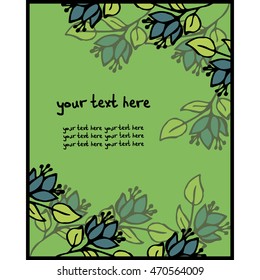 Vector greeting card with the image of flowers and leaves of plants. There is space for your text. It can be used for packaging, invitations, greeting cards, etc.