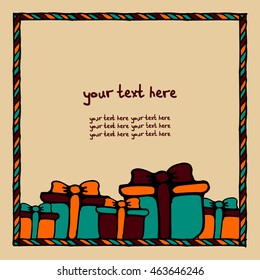 Vector greeting card with the image of gift boxes. There is a place for your text. Birthday. It can be used for packaging, invitations, greeting cards, etc.