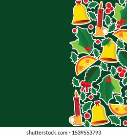 Vector greeting card with the image of a mistletoe leaf, bell and orange slices on a green background