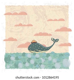vector greeting card with the image of a whale. hat, the ocean.