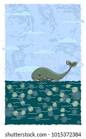 vector greeting card with the image of a whale. hat, the ocean.