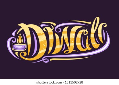 Vector greeting card for Indian Diwali Festival, curly calligraphic typeface with burning oil lamp and decorative elements, banner with swirly trendy lettering for word diwali on dark background.