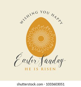 Vector greeting card with inscription Easter Sunday and yellow Easter egg with contour pattern of sunflower flower