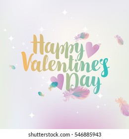 vector greeting card with inscription happy valentines day with hearts on the background of feathers and stars