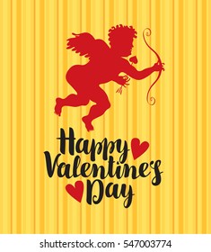 vector greeting card with inscription happy valentines day with hearts and Cupid with bow and arrow