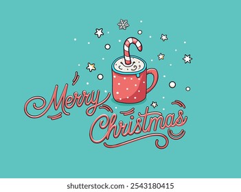 Vector greeting card with the inscription "Merry Christmas". Christmas mug, stars, snowflakes. Template for design