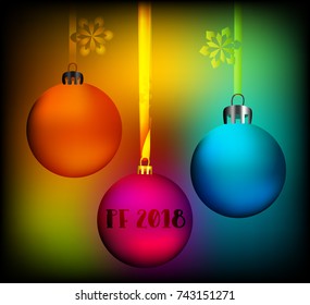 Vector greeting card with inscription pf 2018 and a few colored christmas globes