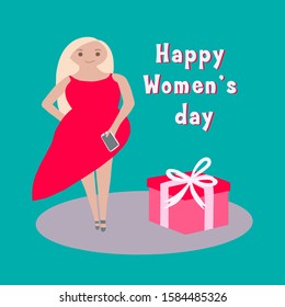 Vector greeting card for International Women's Day with the inscription Happy Women's Day, a girl and a gift box on turquoise background.Poster for women in flat style. Women's greeting card template.