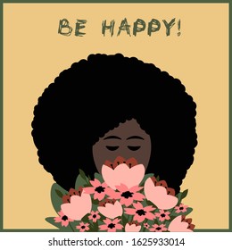 Vector greeting card for International Women's Day. Beautiful black woman with a bouquet of spring flowers.