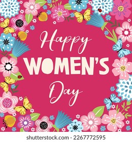 Vector greeting card for International Women's Day. On March 8, a sign with a decor of spring plants, leaves, flowers and butterfly