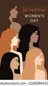 Vector greeting card for International Women's Day. Congratulatory illustration with women of different skin colors and different hair colors on a brown background.