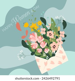 vector greeting card for international women's day, eighth of march with beautiful flowers with a blue tint