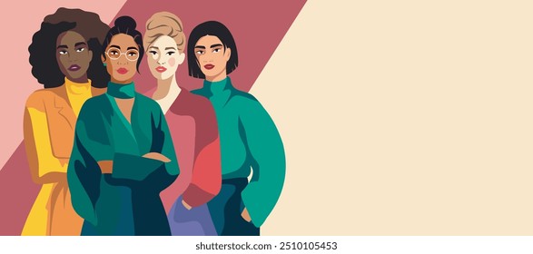 Vector greeting card with International Women's Day. Women of different skin colors, nationalities and religions stand together. Movements for gender equality and women's empowerment for advertising.