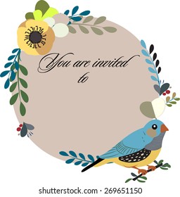 Vector greeting card invitation with amadina bird, brunia and anemone