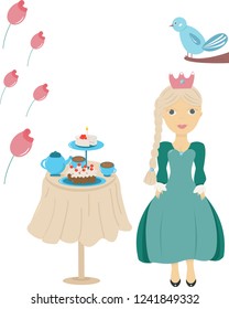 Vector greeting card or invitation template for kids party. baby shower, birthday, graduation and etc. Illustration of princess, birthday cake, roses, bird. 