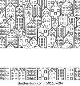 Vector greeting card or invitation template with space for text. Stylized european town.
