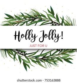Vector greeting card, invite with Pine tree greenery branches, Eucalyptus Green leaf Wreath & black berry border, frame. Merry cute watercolor illustration. Christmas New year text space design layout Vector greeting card, invite with Pine tree greenery branches, Eucalyptus Green leaf Wreath & black berry border, frame. Merry cute watercolor illustration. Christmas New year text space design layout