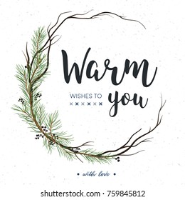 Vector greeting card, invite: Pine tree greenery, brown branches, Green spruce needles & black berry round wreath garland border, frame. Cute watercolor illustration. Merry Christmas copy space design