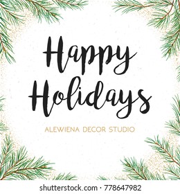 Vector greeting card, invite: Pine tree greenery branches, green spruce needles & golden glitter wreath garland border, frame. Cute, festive watercolor illustration. Merry Christmas text space design

