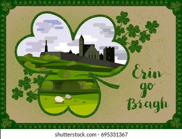 Vector greeting card. Irish landscape with Cashel Castle, clover leaves and lettering quote.
