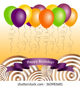 Vector greeting card with joyful balloons and satin ribbon.