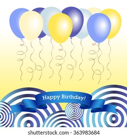 Vector greeting card with joyful balloons and satin ribbon.