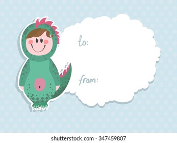 Vector greeting card with a kid in the dragon suit for your design
