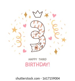 Vector greeting card for kid's birthday with illustration. Cute, kawaii kitty with gold and pink confetti, hearts, stars. Happy third birthday. Element for party invitation or cake topper design.