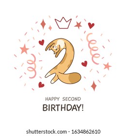 Vector greeting card for kid's birthday with illustration. Cute, kawaii kitty with red and pink confetti, hearts, stars. Happy second birthday. Element for party invitation or cake topper design.