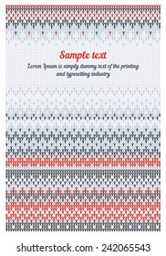 Vector greeting card of knitted pattern on christmas. Festive postcard with scandinavian, norwegian and slavic embroidered on christmas 1.1