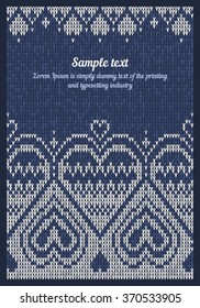 Vector greeting card of knitted pattern with hearts. Festive postcard with scandinavian, norwegian and slavic embroidered white hearts on blue background 2.1